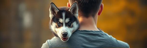 Man carries husky dog on shoulder during fall season in a forest photo