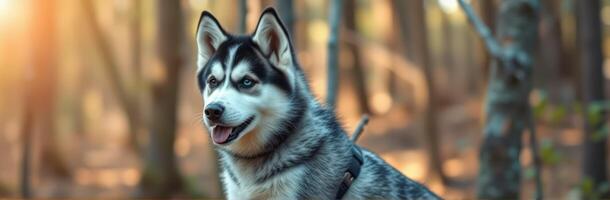 Siberian husky standing in a sunlit forest during autumn, enjoying the tranquility of nature and exploring the outdoors photo