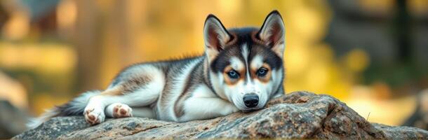 Beautiful husky resting on a rock in a serene landscape during golden hour photo