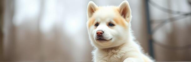 Cute akita puppy sitting calmly on a wooden surface in a tranquil setting photo