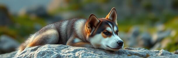 Beautiful husky dog resting on a rock in a natural setting during golden hour photo