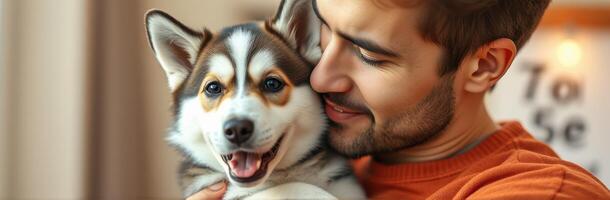 Man enjoys a joyful moment with his smiling dog indoors during a cozy afternoon at home photo