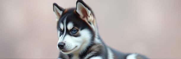 Cute husky puppy resting indoors during the afternoon sunlight photo