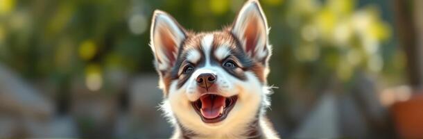 Happy young husky puppy playing outdoors on a sunny day in a garden setting, showcasing vibrant expressions and playful spirit photo