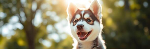 Happy husky enjoying a sunny day in a park with blurred trees in the background photo