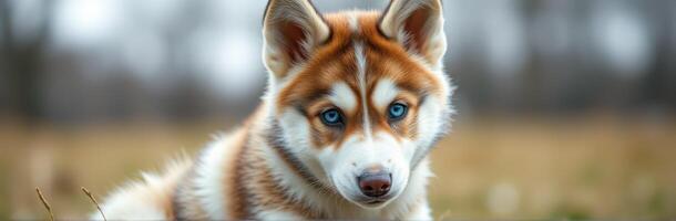 Cute husky puppy with striking blue eyes outdoors in a natural setting during the day photo
