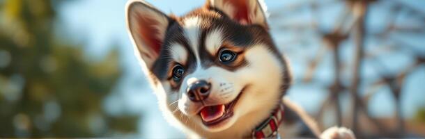 Happy puppy enjoying a sunny day at the park with playful expressions and bright surroundings photo