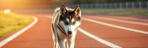 Energetic dog enjoying a sunny stroll on a running track during late afternoon photo