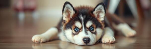 Playful husky puppy relaxing in a cozy indoor space during the afternoon light photo