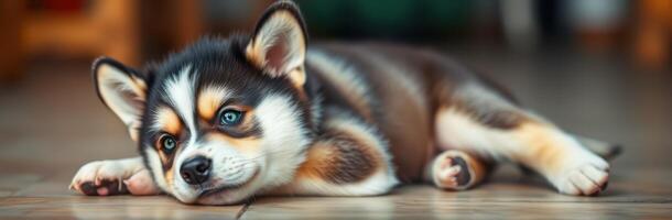 Cute puppy relaxing on a wooden floor in a cozy indoor setting during the afternoon photo