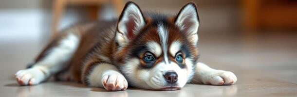 Cute husky puppy relaxing indoors on a wooden floor in bright light during the afternoon photo