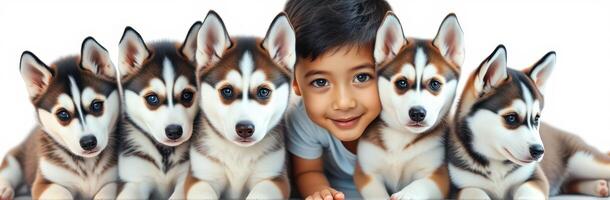 Child smiles while surrounded by six playful husky puppies in a cozy indoor setting photo