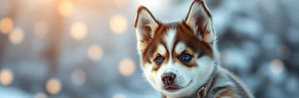 Cute husky puppy with striking blue eyes sits outdoors in snow, capturing hearts with its playful expression photo
