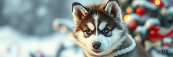 Cute husky puppy posing by a decorated tree during winter season in a snowy landscape photo