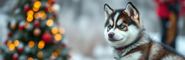 Fluffy husky puppy enjoying a snowy winter day near a decorated Christmas tree photo