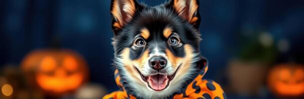Happy dog in a Halloween costume with pumpkins in the background during a festive autumn celebration photo