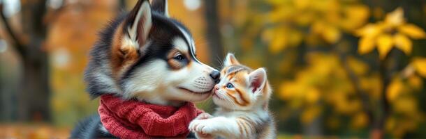 Cute dog and cat sharing a sweet moment in a colorful autumn park photo