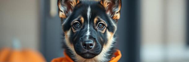 Cute puppy wearing orange hoodie poses for camera during autumn season with pumpkins in the background photo