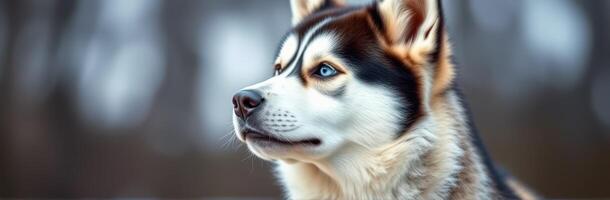 Portrait of a beautiful Siberian Husky in a winter landscape with a blurred background photo