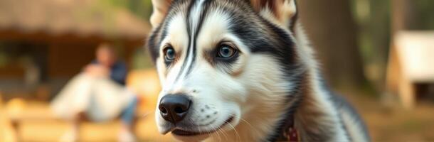 Excited husky exploring a forest setting with people in the background during a sunny day photo
