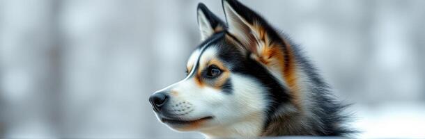 Beautiful husky dog gazing thoughtfully in a snowy forest landscape during winter photo