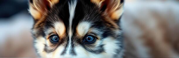 Beautiful puppy with striking blue eyes playing outdoors on a sunny day in a vibrant natural setting photo