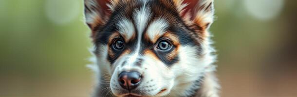 Adorable puppy with striking blue eyes and distinctive fur poses outdoors in soft natural light photo