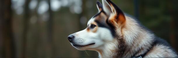 Siberian husky stands calmly in a forest during a golden hour while observing its surroundings photo