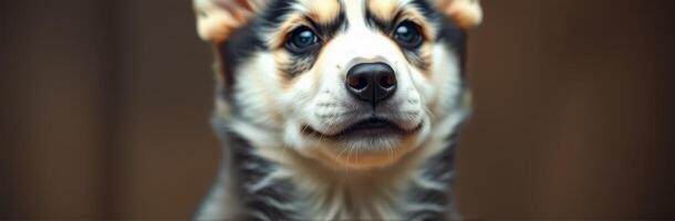 Cute puppy with big ears sitting indoors with a neutral background and looking directly at the camera photo