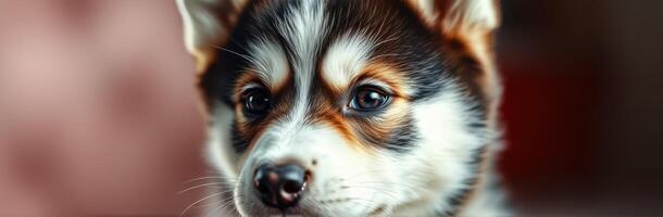 Cute husky puppy looking curiously with big expressive eyes in a cozy indoor setting during daylight photo