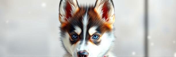 Siberian husky puppy with striking blue eyes sitting indoors on a snowy day photo