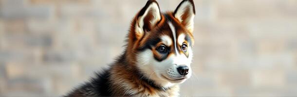 Charming young husky puppy poses for a portrait with soft background lighting near a rustic stone wall photo