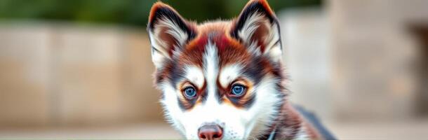 Cute husky puppy with striking blue eyes enjoys outdoor playtime in sunny park setting photo