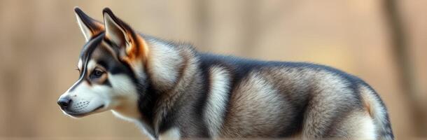 Siberian husky stands alert in natural setting during golden hour lighting photo
