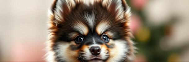 Cute pomeranian puppy looking curiously at the camera in a cozy indoor setting during daylight photo
