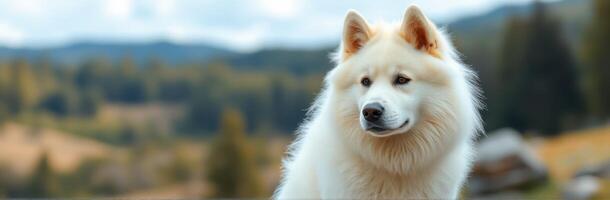 Beautiful samoyed dog enjoying a scenic outdoor landscape with mountains and trees in the background on a sunny day photo