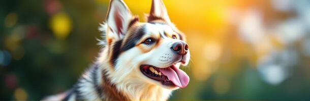 Happy dog enjoys warm sunlight in a vibrant outdoor setting during a relaxing afternoon photo