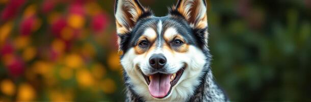 Happy dog posing with a joyful expression in a vibrant outdoor setting during the afternoon photo