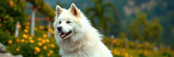White fluffy dog enjoys a sunny day in a vibrant garden filled with blooming flowers and greenery photo