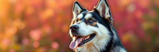 Happy husky enjoying the blooming flowers in a vibrant garden during sunset photo