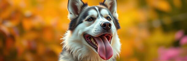 Playful husky enjoying a sunny day in a vibrant garden filled with autumn colors photo