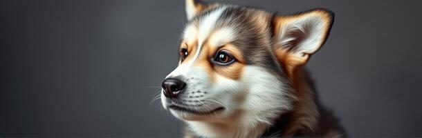 Cute dog portrait with expressive eyes against a neutral background showcasing its friendly demeanor photo