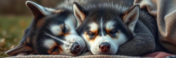 Two huskies sleeping together on a soft blanket during a peaceful afternoon in a cozy backyard photo