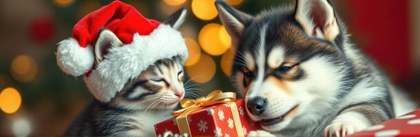 Festive kitten and puppy share a moment with a gift during a holiday celebration in a cozy setting photo
