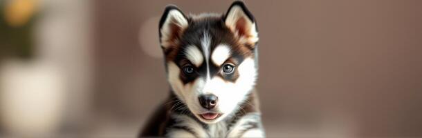 Cute husky puppy with distinctive fur pattern relaxes indoors in a cozy setting during daytime photo