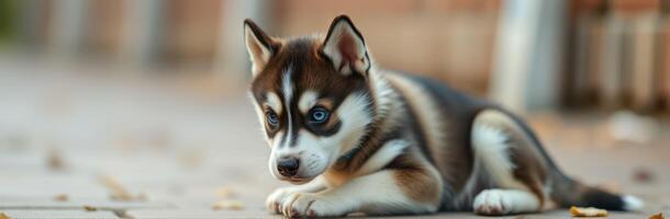 Cute husky puppy relaxing on a wooden patio while exploring its surroundings in the afternoon sun photo