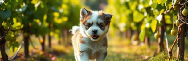 Puppy explores a sunny vineyard surrounded by lush green grapevines on a beautiful day photo