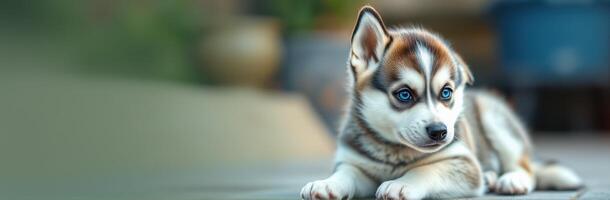 Playful husky puppy exploring a sunny outdoor setting with curiosity and charm near a garden in the afternoon photo