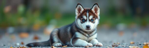 Cute husky puppy lying on a pathway surrounded by autumn leaves during a sunny day in a park photo