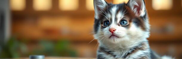 Cute tabby kitten with striking blue eyes sitting on wooden surface in sunny indoor space photo